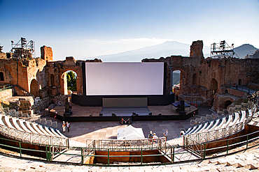 empty white banner in famous ancient theatre in Taormina, Sicily, Italy