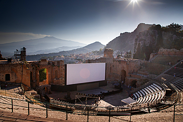 empty white banner in famous ancient theatre in Taormina, Sicily, Italy