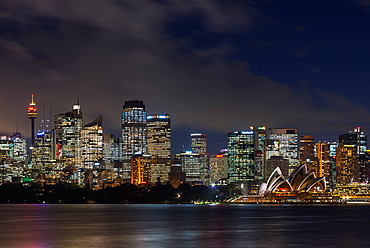 Panoramic views of Sydney city at dusk including the Opera house, Sydney, New South Wales, Australia, Pacific