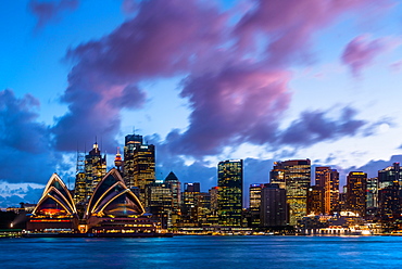 Sydney city skyline and harbour including the Opera House at dusk, Sydney, New South Wales, Australia, Pacific