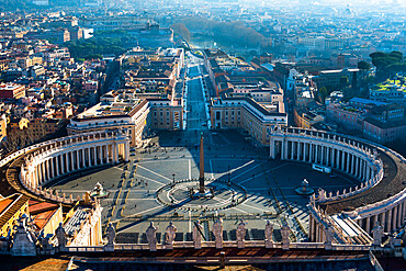 Elevated views of St. Peter's Square and Rome city skyline from the top of St. Peter's Basilica, Vatican, Rome, Lazio, Italy, Europe