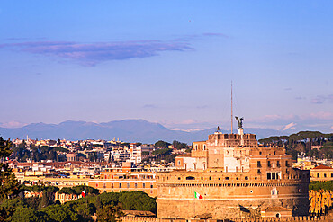 Castel Sant'Angelo (Mausoleum of Hadrian) seen from Janiculum Terrace at sunset, Rome, Lazio, Italy, Europe