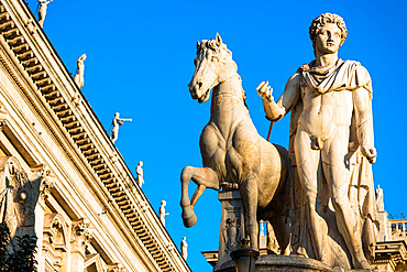 The Capitoline Hill sculptures at entrance to Piazza del Campidoglio, Rome, Lazio, Italy, Europe