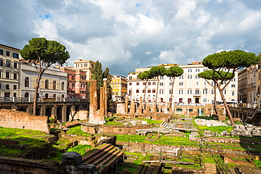 Largo di Torre Argentina square with Roman Republican temples and remains of Pompeys Theatre, in the ancient Campus Martius, Rome, Lazio, Italy, Europe