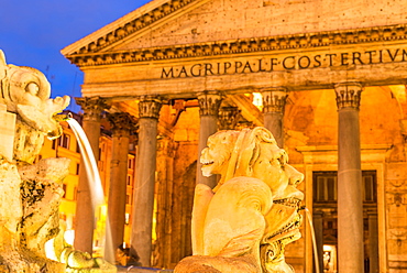 Fontana del Pantheon at dusk, commissioned by Pope Gregory XIII, with the Pantheon, UNESCO World Heritage Site, on the Piazza della Rotonda, Rome, Lazio, Italy, Europe