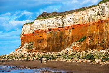 Chalk over limestone Cliffs at Old Hunstanton on the North Norfolk coast, Norfolk, England, United Kingdom, Europe