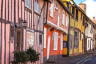 Colourful half timbered houses on Water Street part of the Historic Wool Village of Lavenham, Suffolk, England, United Kingdom, Europe