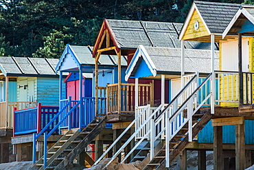 Colourful beach huts on Wells beach at Wells next the Sea on North Norfolk coast, Norfolk, East Anglia, England, United Kingdom, Europe