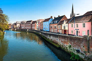 Colourful houses on the Quayside along the River Wensum, Norwich, Norfolk, England, United Kingdom, Europe