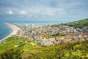 Fortuneswell and the Chesil Beach, seen from Portland Heights on the Isle of Portland, Jurassic Coast, UNESCO World Heritage Site, Dorset, England, United Kingdom, Europe