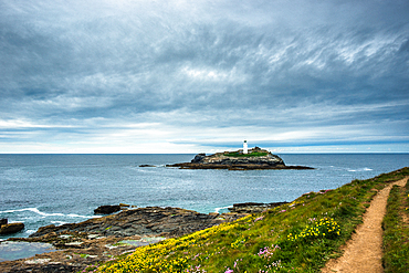 Godrevy Lighthouse on Godrevy Island in St. Ives Bay, Cornwall, England, United Kingdom, Europe