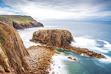 Enys Dodnan rock formation at Lands End, Cornwall, England, United Kingdom, Europe