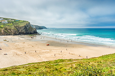 Porthtowan beach from the cliffs above, on the west Cornwall coast, England, United Kingdom, Europe