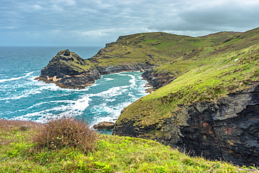 Coastal views including Penally Point from the South West coast path on the Atlantic coast of Cornwall, England, United Kingdom, Europe