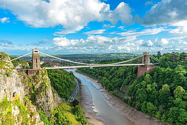 Historic Clifton Suspension Bridge by Isambard Kingdom Brunel spans the Avon Gorge with River Avon below, Bristol, England, United Kingdom, Europe