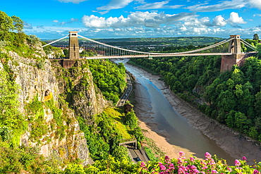 Historic Clifton Suspension Bridge by Isambard Kingdom Brunel spans the Avon Gorge with River Avon below, Bristol, England, United Kingdom, Europe