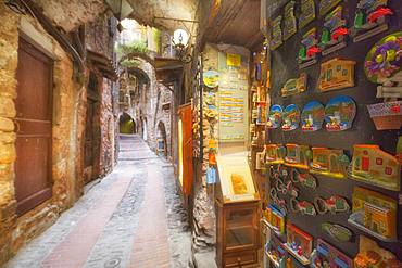 Souvenirs displayed in a street of Dolceacqua, Province of Imperia, Liguria, Italy, Europe