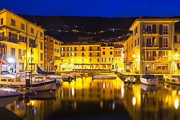 Twilight at the harbour of Castelletto, Brenzone sul Garda, Lake Garda, Verona Province, Veneto, Italian Lakes, Italy, Europe