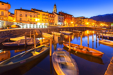 Touristic harbour of Ascona at dusk, Ascona, Lake Maggiore (Verbano), Canton of Ticino, Switzerland, Europe