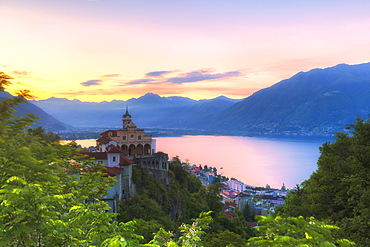 Sunrise at the Sanctuary of Madonna del Sasso, Orselina, Locarno, Lake Maggiore, Italian Lakes, Canton of Ticino, Switzerland, Europe