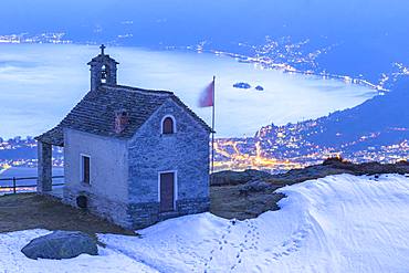 Old town of Locarno at dusk from the church of Monti di Lego, Locarno, Canton of Ticino, Switzerland, Europe