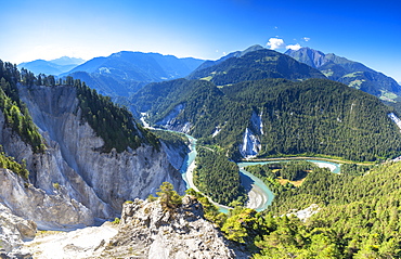 Panoramic view of Rhine Gorge (Ruinaulta), Flims, District of Imboden, Canton of Grisons (Graubunden), Switzerland, Europe