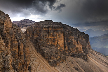 Forcella Pordoi and Piz Boa from the Pordoi Cable car during a storm, Pordoi Pass, Fassa Valley, Trentino, Dolomites, Italy, Europe