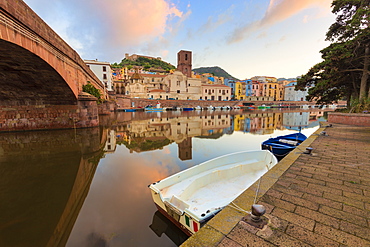 Moored boats in the river at sunrise, Bosa, Oristano province, Sardinia, Italy, Mediterranean, Europe