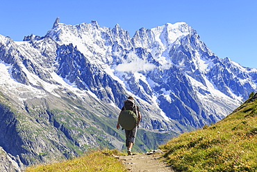 Hiker runs along trail with views on Grandes Jorasses and the Giant Tooth, Veny Valley, Courmayeur, Aosta Valley, Italy, Europe