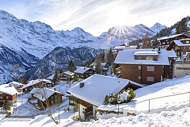 Traditional houses of Murren, Lauterbrunnen valley, Canton of Bern, Switzerland, Europe