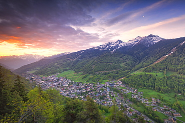 Sunrise on the village from above, Aprica, Orobie Alps, Valtellina, Lombardy, Italy, Europe