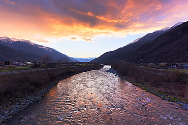 Sunset on the Adda river, Valtellina, Lombardy, Italy, Europe