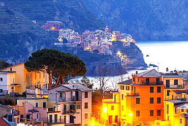 Village of Manarola with houses of Corniglia in the foreground, Cinque Terre, UNESCO World Heritage Site, Liguria, Italy, Europe