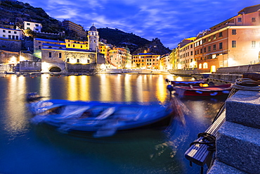 Moored boats in the port of Vernazza at dusk, Cinque Terre, UNESCO World Heritage Site, Liguria, Italy, Europe