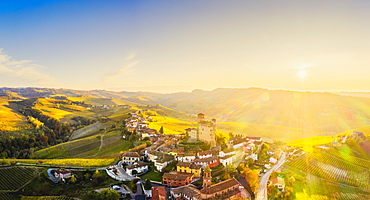 Aerial view of Serralunga d'Alba at sunset, Barolo wine region, Langhe, Piedmont, Italy, Europe