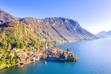 Aerial view by drone of Varenna, Lake Como, Lombardy, Italian Lakes, Italy, Europe