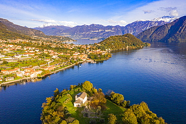 Aerial view of Comacina Island and Tremezzina in autumn, Lake Como, Lombardy, Italian Lakes, Italy, Europe