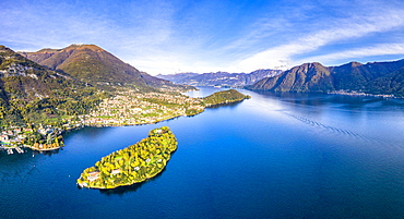 Aerial view of Comacina Island and Tremezzina in autumn, Lake Como, Lombardy, Italian Lakes, Italy, Europe