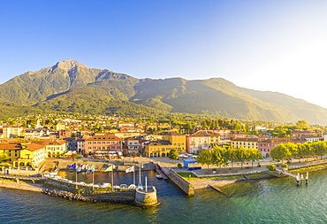 Aerial view of Colico village at sunset, Lake Como, Lombardy, Italian Lakes, Italy, Europe