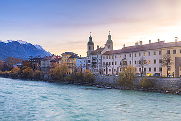 Cathedral of St. James and Inn River at sunrise, Innsbruck, Tyrol, Austria, Europe