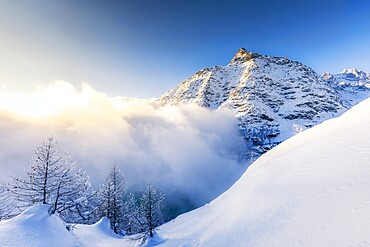 Wave of clouds illuminated by sunset in winter, Valmalenco, Valtellina, Lombardy, Italy, Europe