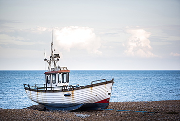 Old fishing boat on Dungeness Beach, Kent, England, United Kingdom, Europe