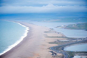 View of Chesil Beach from the Isle of Portland, looking at Weymouth, Jurassic Coast, UNESCO World Heritage Site, Dorset, England, United Kingdom, Europe