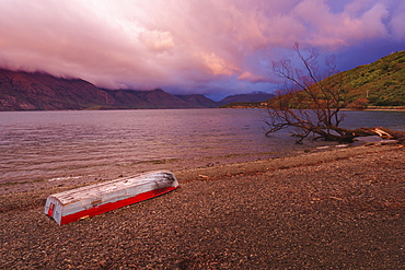 Boat by the lake, Glenorchy, Otago, South Island, New Zealand, Pacific