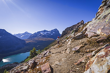 Woman hiker on the Alpine Circuit Trail at Lake O'Hara, Yoho National Park, UNESCO World Heritage Site, British Columbia, Canadian Rockies, Canada, North America