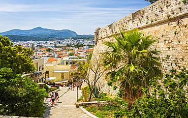 Fortezza castle wall and Rethymnon old town, Crete, Greek Islands, Greece, Europe