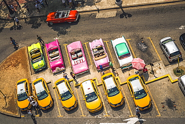 Aerial view of colourful old American taxi cars parked in Havana, La Habana, Cuba, West Indies, Caribbean, Central America