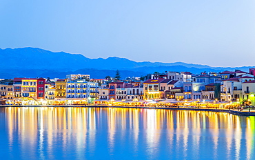 The Venetian Harbour at dusk, Chania, Crete, Greek Islands, Greece, Europe