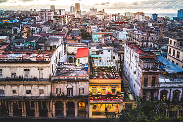 La Habana skyline at sunset, Havana, Cuba, West Indies, Caribbean, Central America