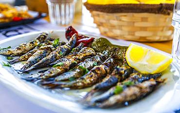 Grilled sardines, Crete, Greek Islands, Greece, Europe